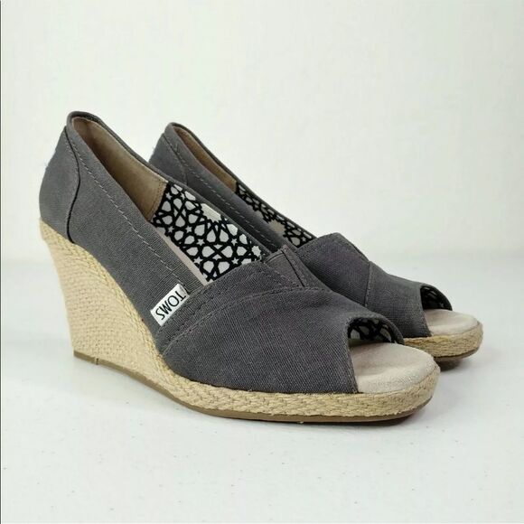 TOMS Calypso Canvas Peep Toe Wedge Espadrille Shoes - Picture 1 of 12